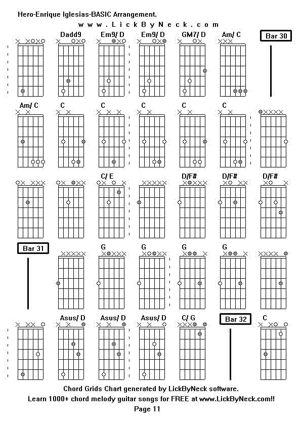 Chord Grids Chart of chord melody fingerstyle guitar song-Hero-Enrique Iglesias-BASIC Arrangement,generated by LickByNeck software.